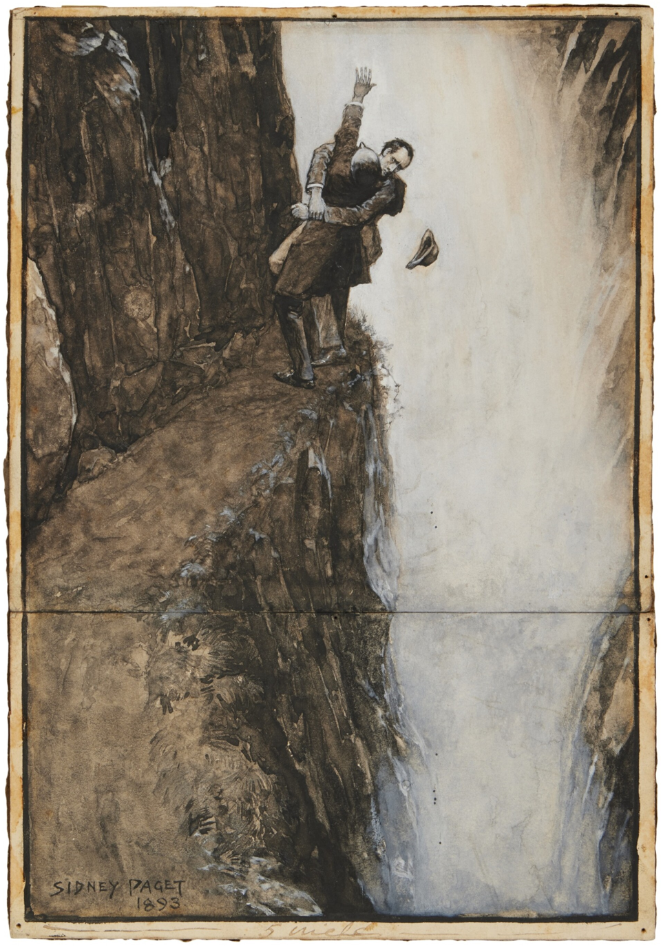 Sherlock Holmes and Professor Moriarty struggle at Reichenbach Falls in Sidney Paget's 1893 illustration.